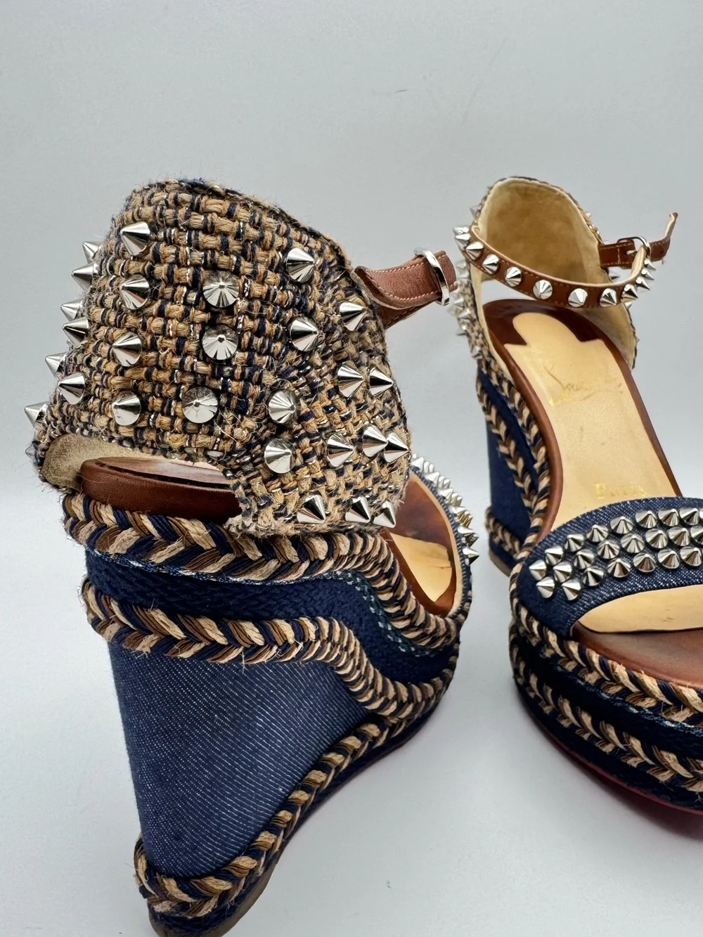Christian Louboutin Madmonica 120 Denim Studded Wedge Sandals EU 36